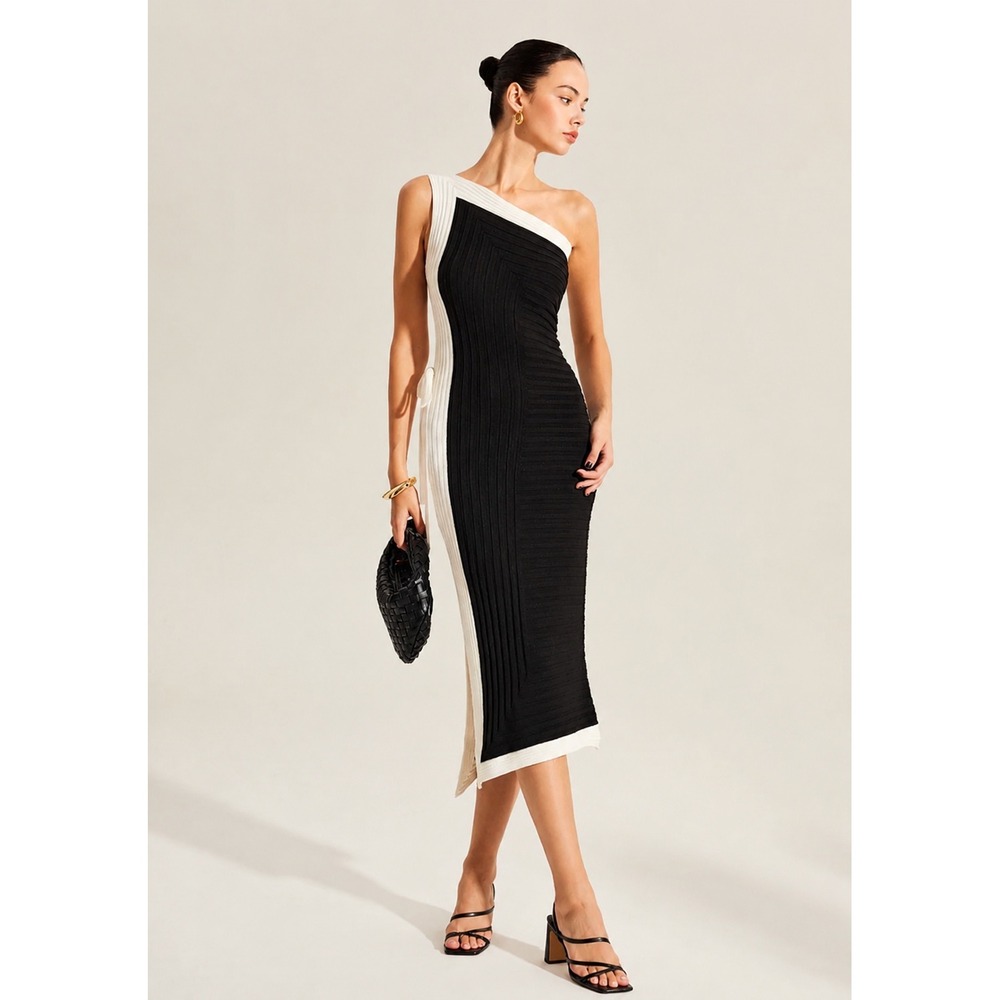 Commense Black Contemporary Midi Dress Timeless Elegant One Shoulder Large Chic